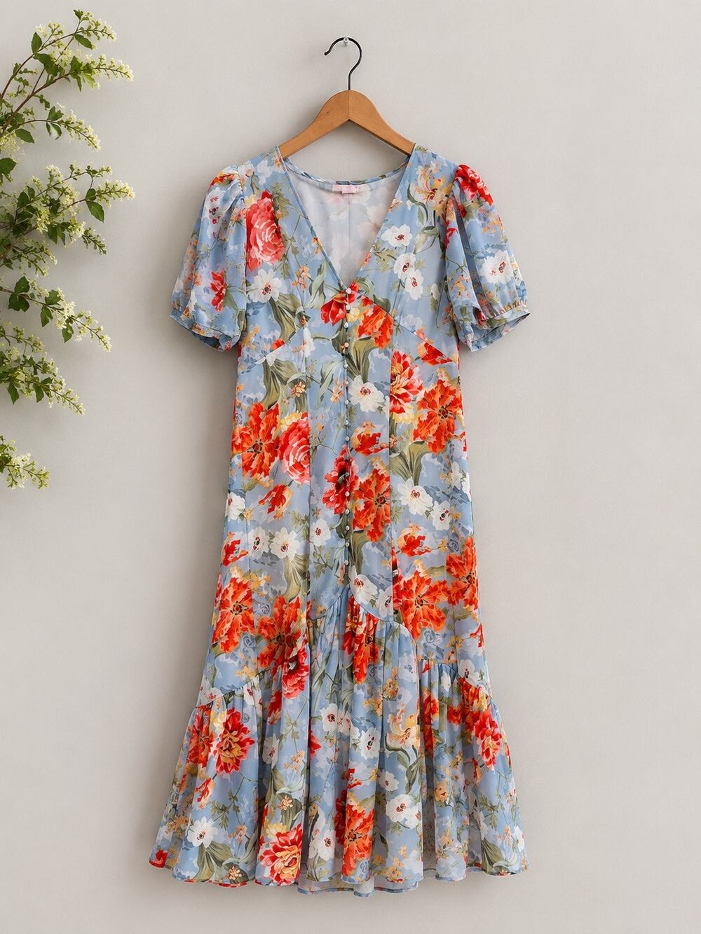 Gatsby Babydoll Floral Midi Dress Size L Blue Puff Sleeve Ruffle Cottagecore